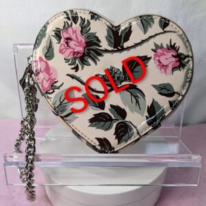 Coach Sleeping Rose Patent Heart-Shaped Zip Coin Pouch W/ Chain, Rare & HTF 2017